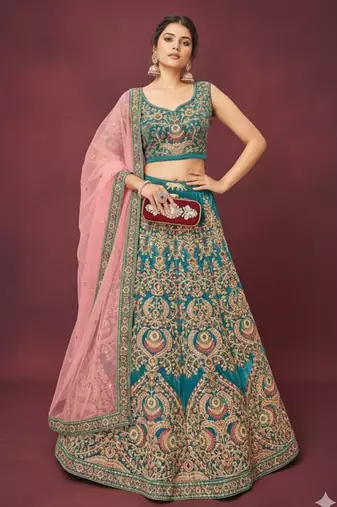 Teal Blue Velvet Thread Zari Dori & Sequins Embroidery Work Wedding Festival Party Wear Designer Lehenga Choli