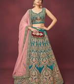 Teal Blue Velvet Thread Zari Dori & Sequins Embroidery Work Wedding Festival Party Wear Designer Lehenga Choli
