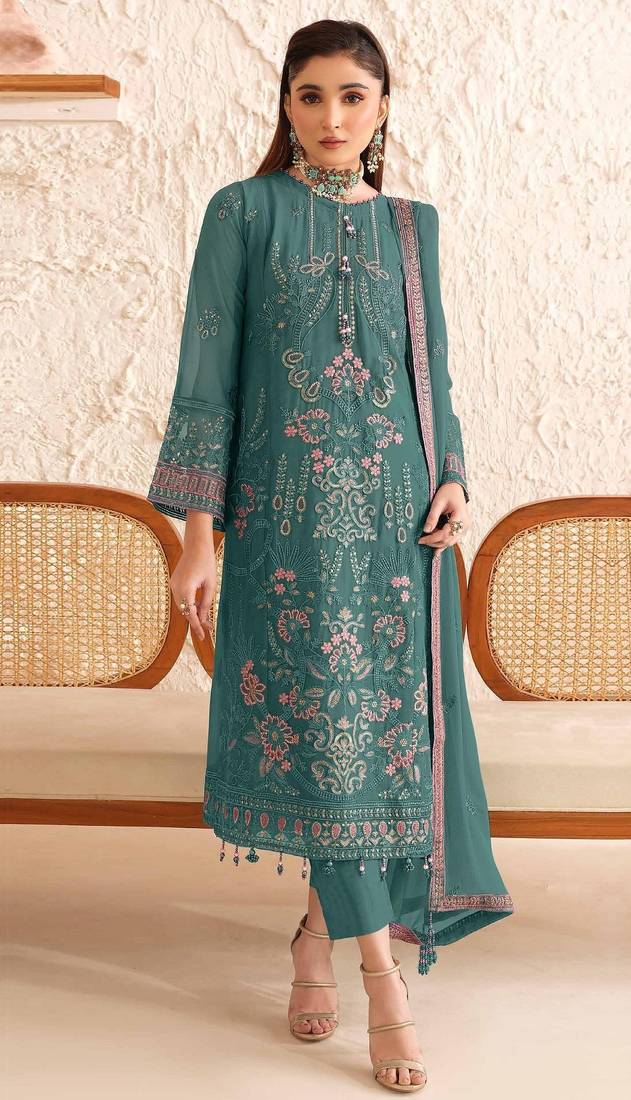 Green fox georgette semi stitched suit with embroidered sequence work