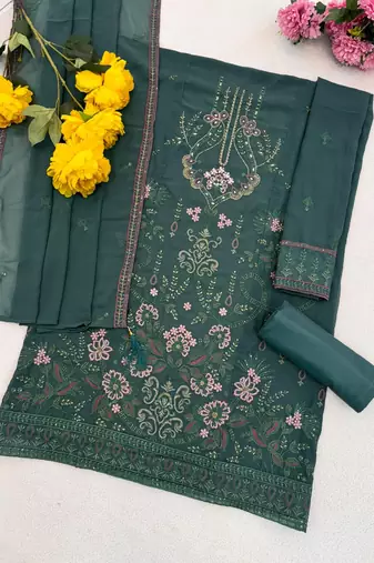 green faux georgette embroidered sequin suit