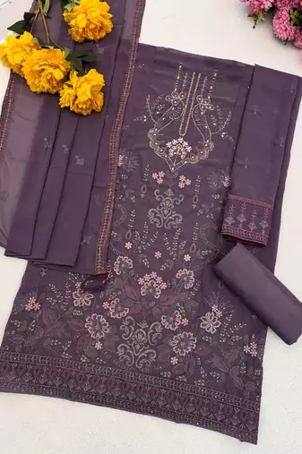 purple faux georgette embroidered sequin suit