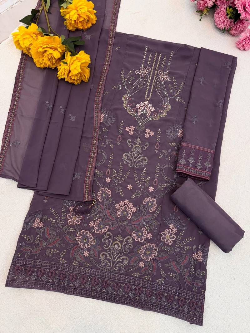 purple faux georgette embroidered sequin suit