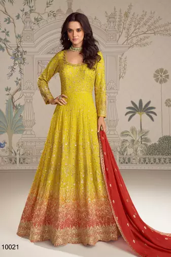 Yellow georgette free size stitced anarkali suit with embroidered sequence work