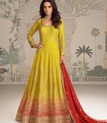 Yellow georgette free size stitced anarkali suit with embroidered sequence work