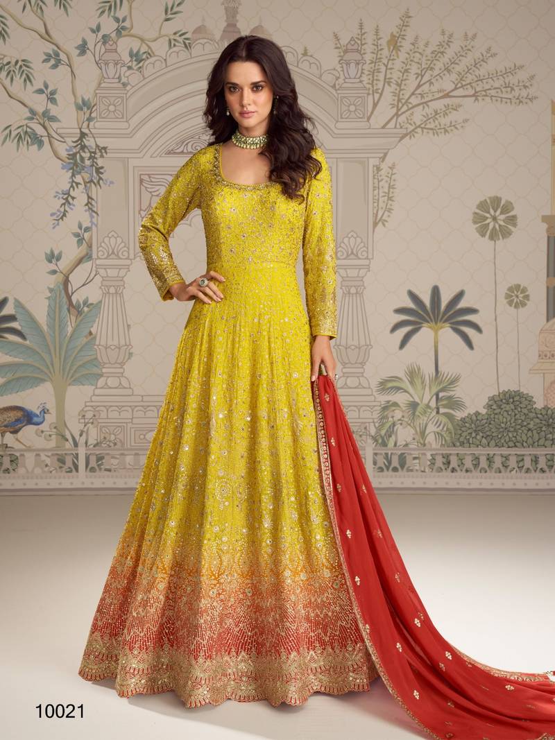 Yellow georgette free size stitced anarkali suit with embroidered sequence work