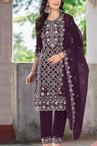 Purple chiffon  semi stitched suit with embroidered sequence work