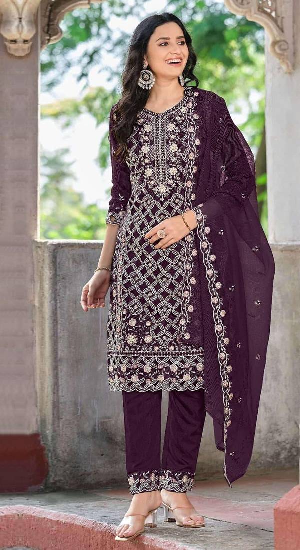 purple chiffon embroidered sequin suit