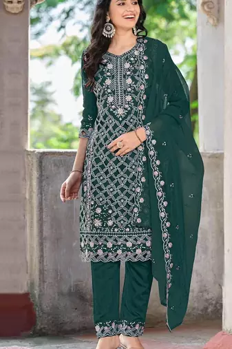 green chiffon embroidered sequin suit