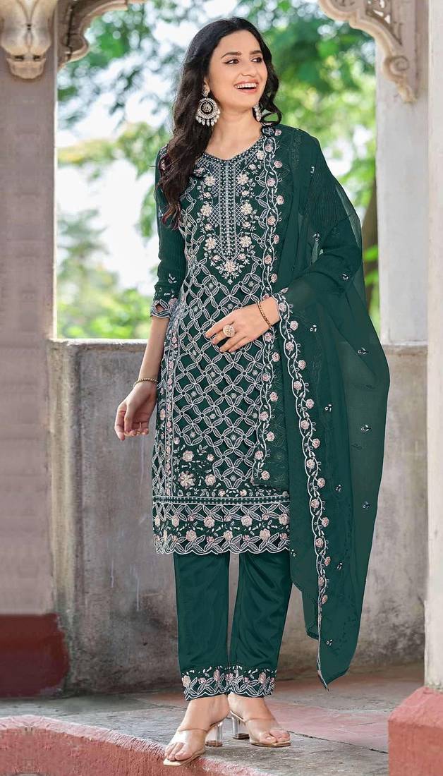 Green chiffon  semi stitched suit with embroidered sequence work