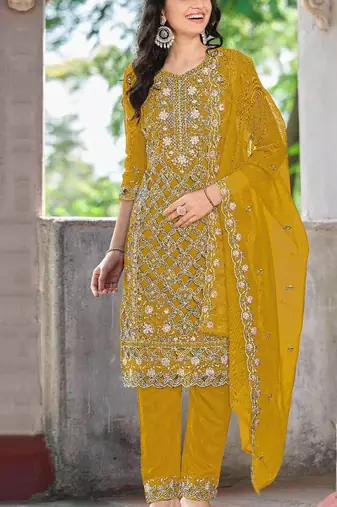 yellow chiffon embroidered sequin suit