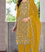 yellow chiffon embroidered sequin suit