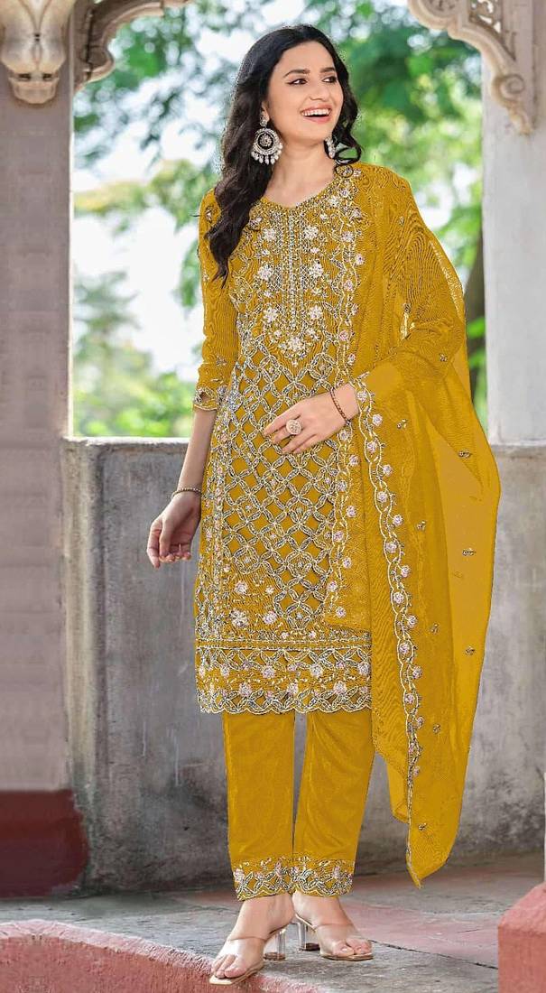yellow chiffon embroidered sequin suit