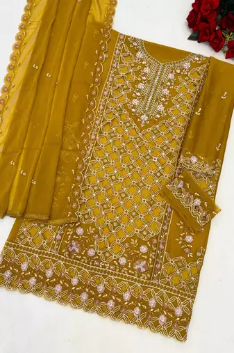 yellow chiffon embroidered sequin suit