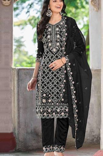 Black chiffon  semi stitched suit with embroidered sequence work