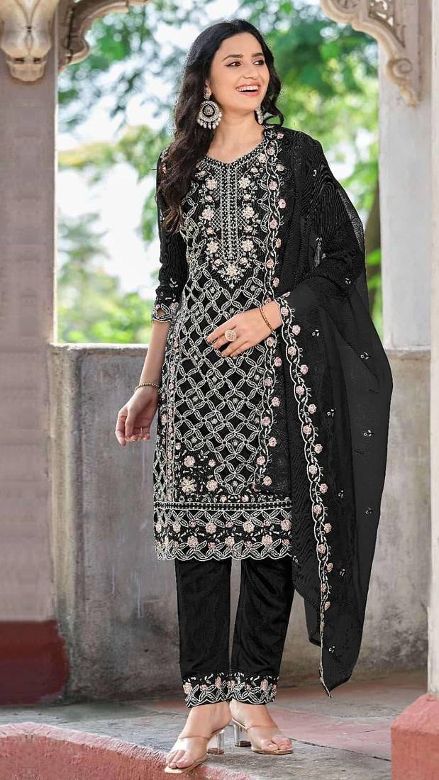 black chiffon embroidered sequin suit