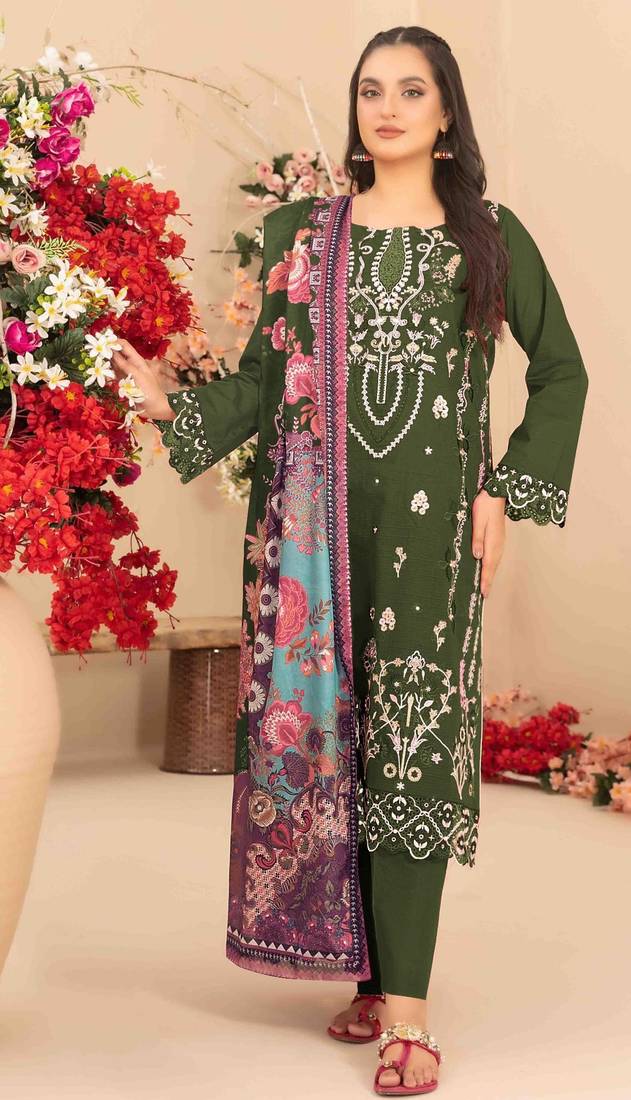 mehendi cambric cotton embroidered sequin suit