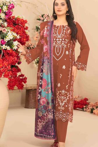 orange cambric cotton embroidered & khatli work suit