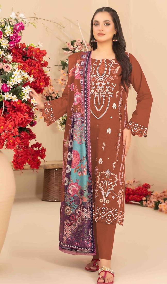 orange cambric cotton embroidered & khatli work suit