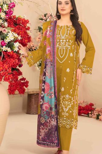 yellow cambric cotton embroidered & khatli work suit