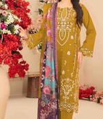 yellow cambric cotton embroidered & khatli work suit