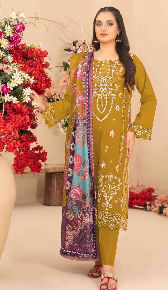 yellow cambric cotton embroidered & khatli work suit