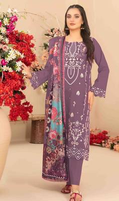 purple cambric cotton embroidered & khatli suit 1