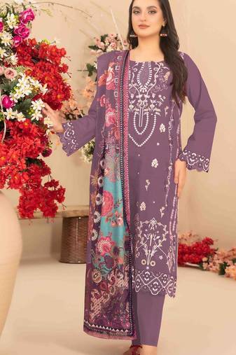 purple cambric cotton embroidered & khatli work suit