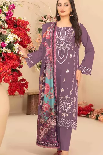 purple cambric cotton embroidered & khatli work suit