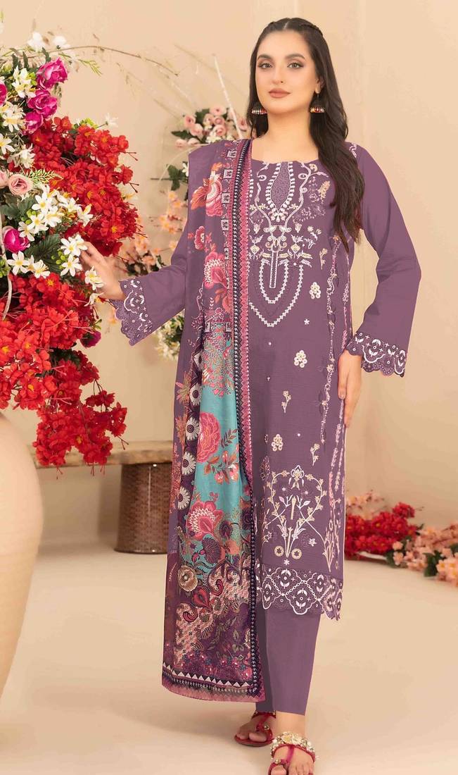 purple cambric cotton embroidered & khatli work suit