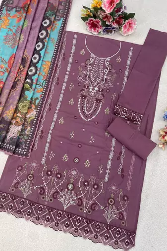 purple cambric cotton embroidered & khatli suit
