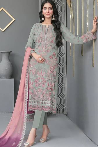 green faux georgette embroidered & khatli work suit