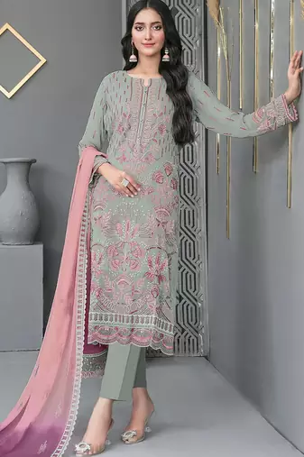 green faux georgette embroidered & khatli work suit