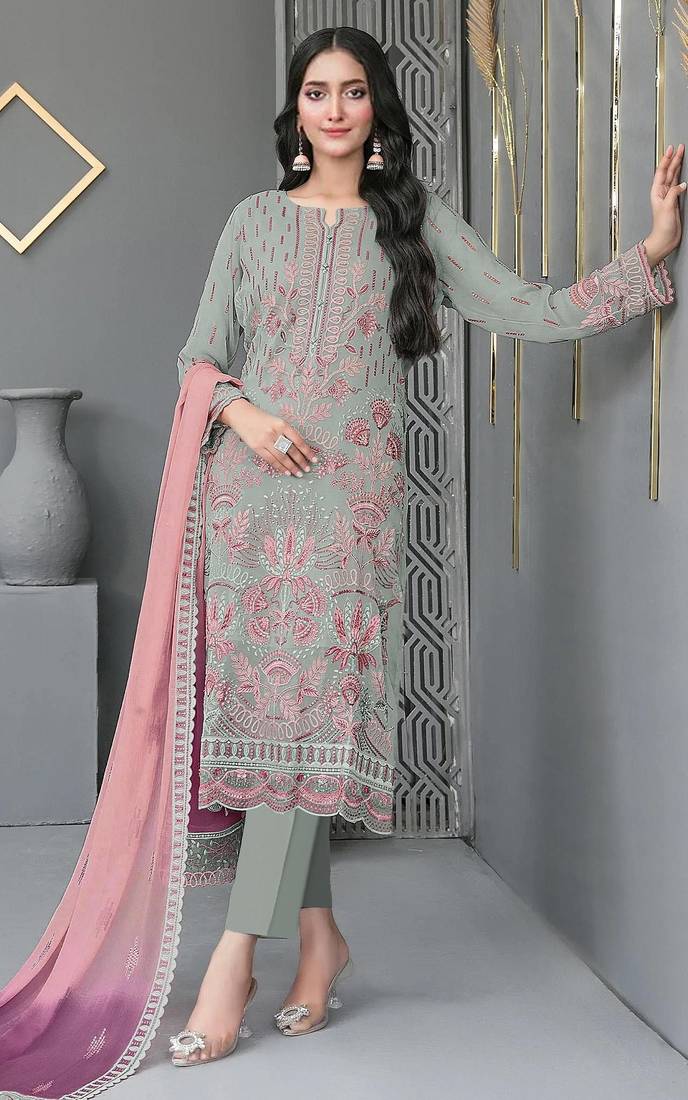 green faux georgette embroidered & khatli work suit