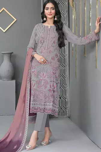 grey faux georgette embroidered & khatli work suit