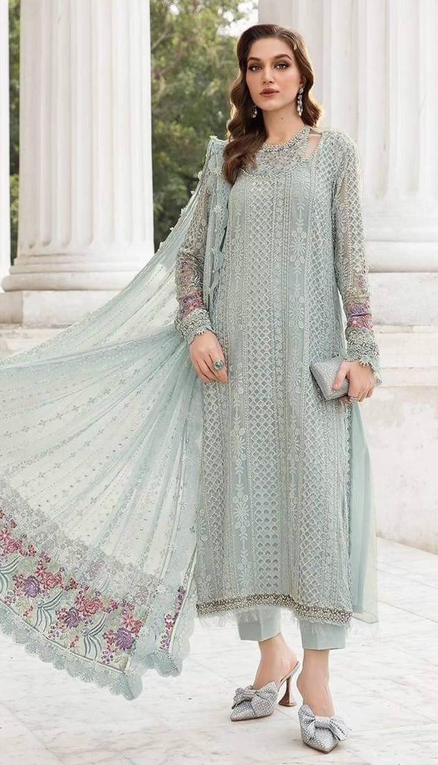 sea-green faux georgette embroidered sequin suit