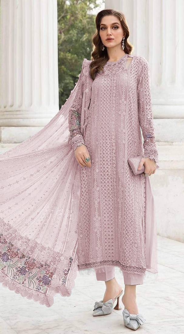 pink faux georgette embroidered sequin suit
