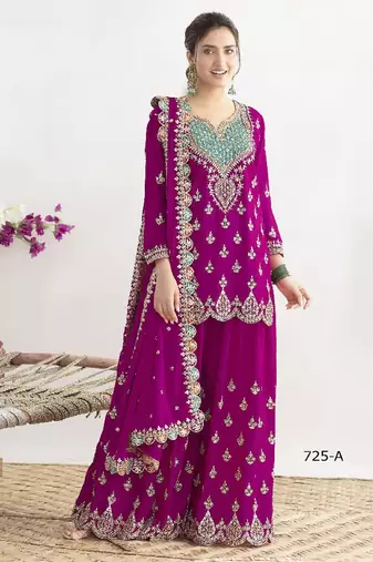 purple chinon sharara embroidered sequins & mirror work suit