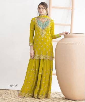 yellow chinon sharara embroidered sequins & mirror suit 1