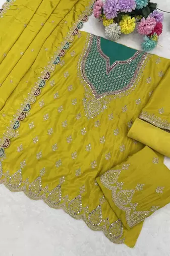 yellow chinon sharara embroidered sequins & mirror suit