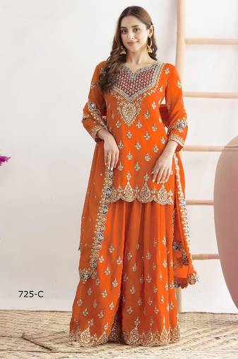 orange chinon sharara embroidered sequins & mirror work suit