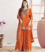 orange chinon sharara embroidered sequins & mirror work suit