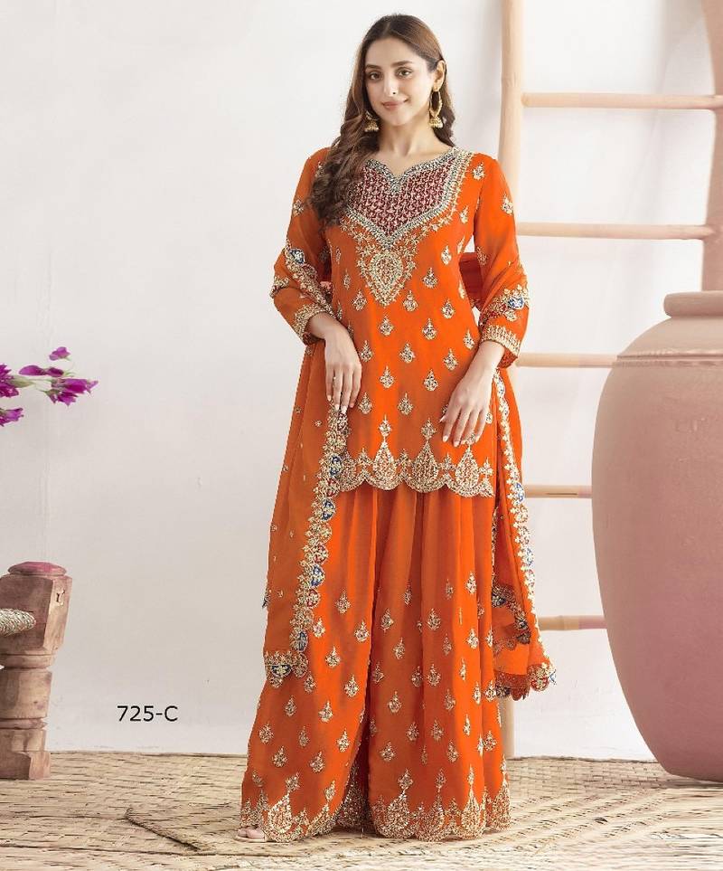 orange chinon sharara embroidered sequins & mirror work suit
