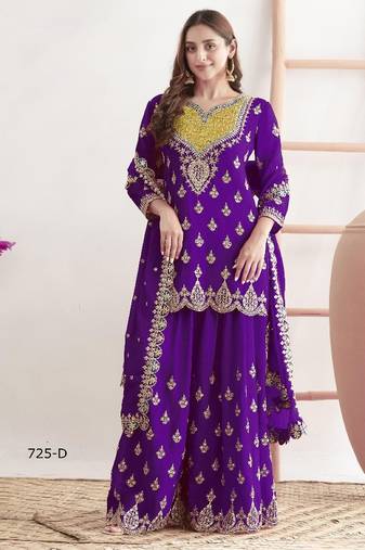 violet chinon sharara embroidered sequins & mirror work suit
