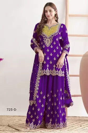 violet chinon sharara embroidered sequins & mirror work suit