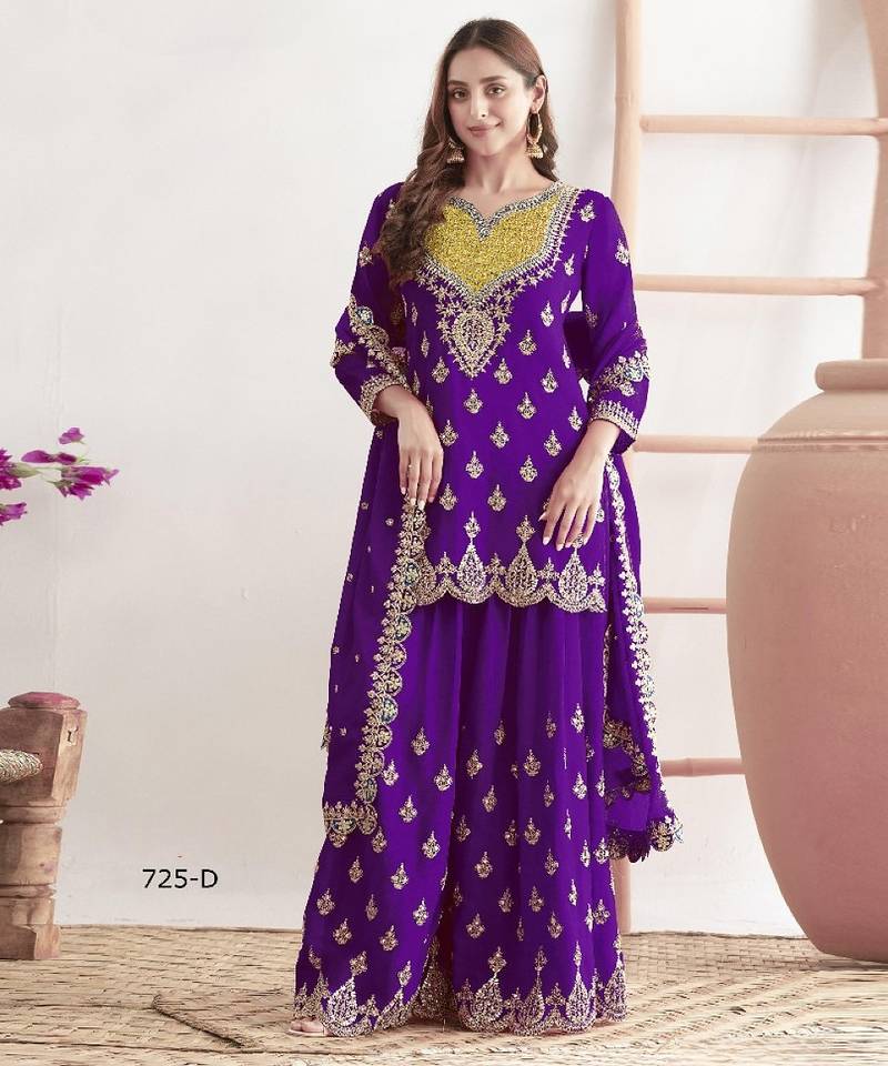 violet chinon sharara embroidered sequins & mirror work suit