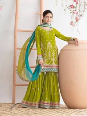 Green chinon sharara suit with embroidered sequin & mirror  1