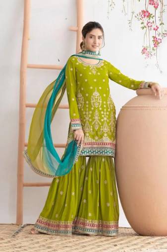 Green chinon semi stitched sharara suit with embroidered sequence & mirror work