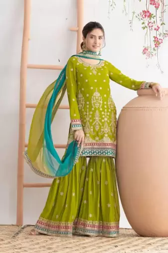 Green chinon semi stitched sharara suit with embroidered sequence & mirror work