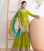 Green chinon semi stitched sharara suit with embroidered sequence & mirror work