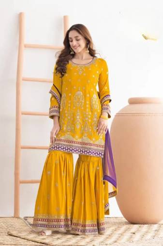 Yellow chinon semi stitched sharara suit with embroidered sequence & mirror work